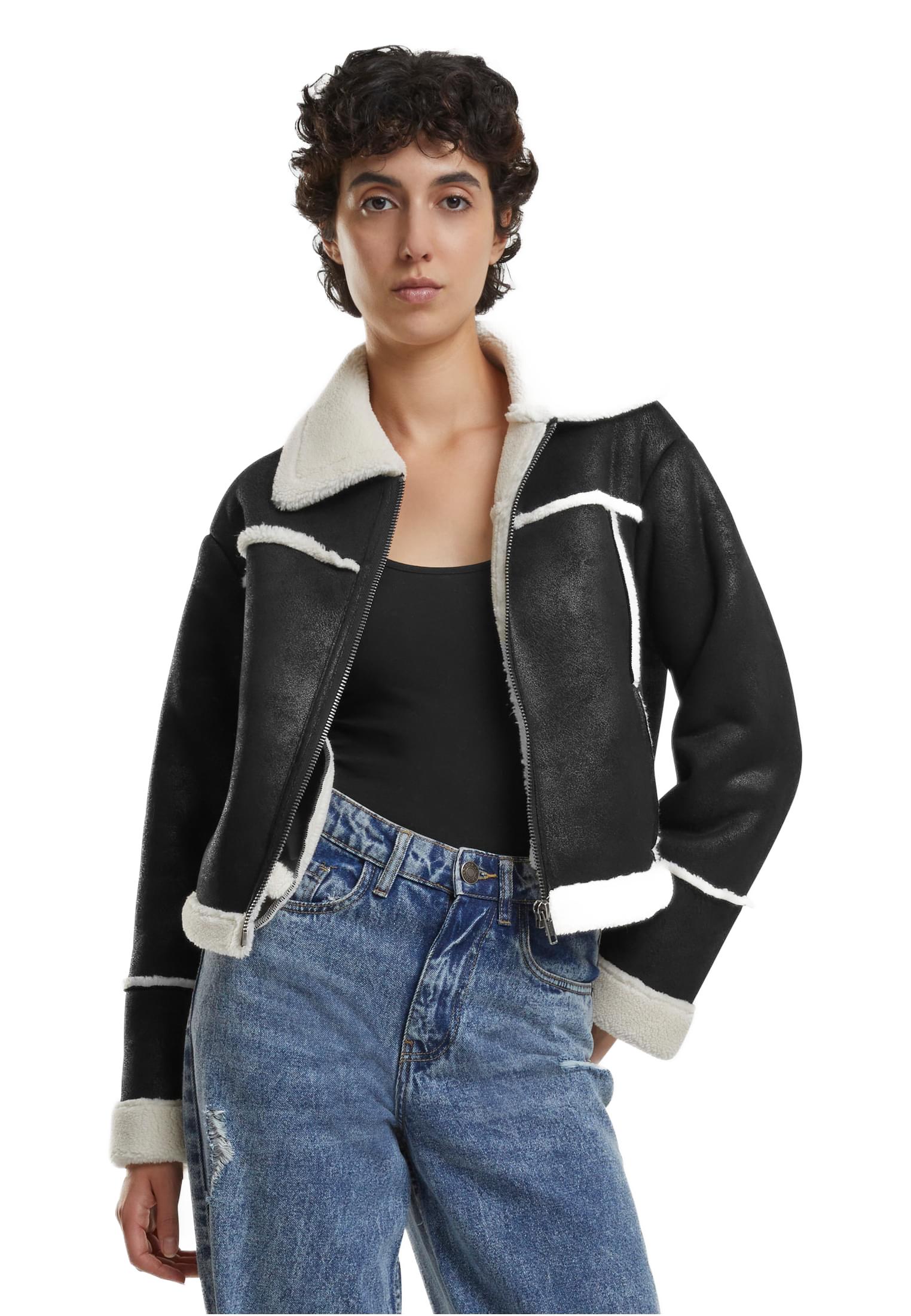 Ladies Shearling Jacket Urban Classics TB7076-03275 Black/Whitesand