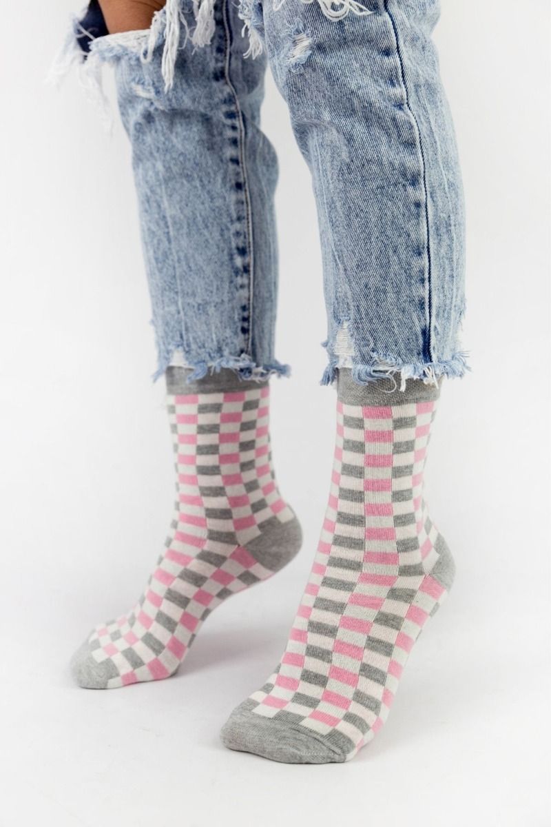 Γυναικείες casual κάλτσες CHECKERBOAR IV Βαμβακερές Pamela 18902 Ανοιχτό Γκρί