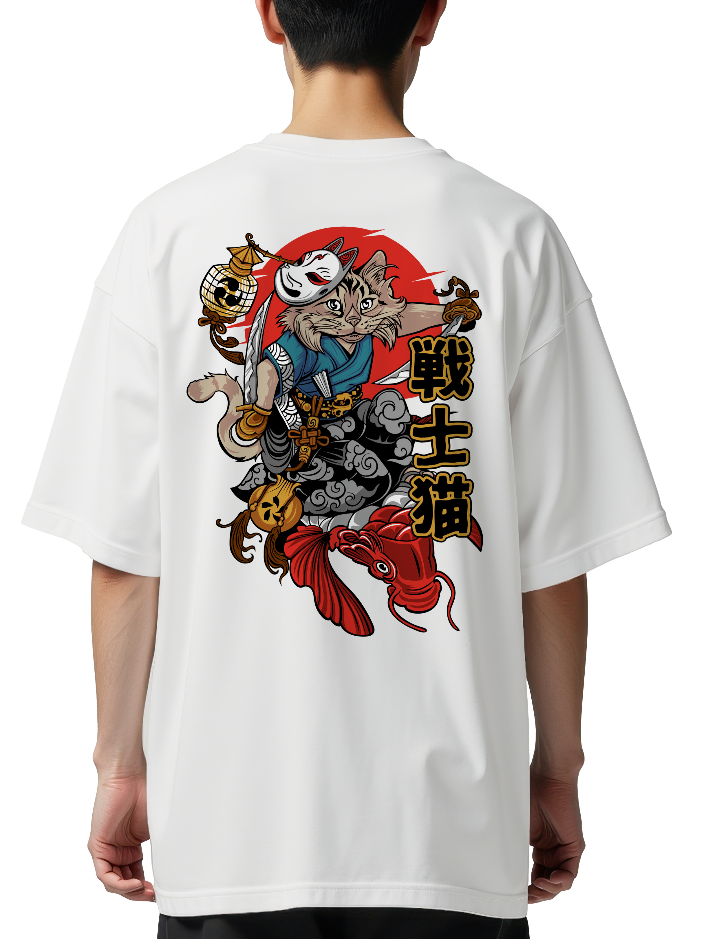 Oversized T-Shirt Cat Samurai Pop Culture White