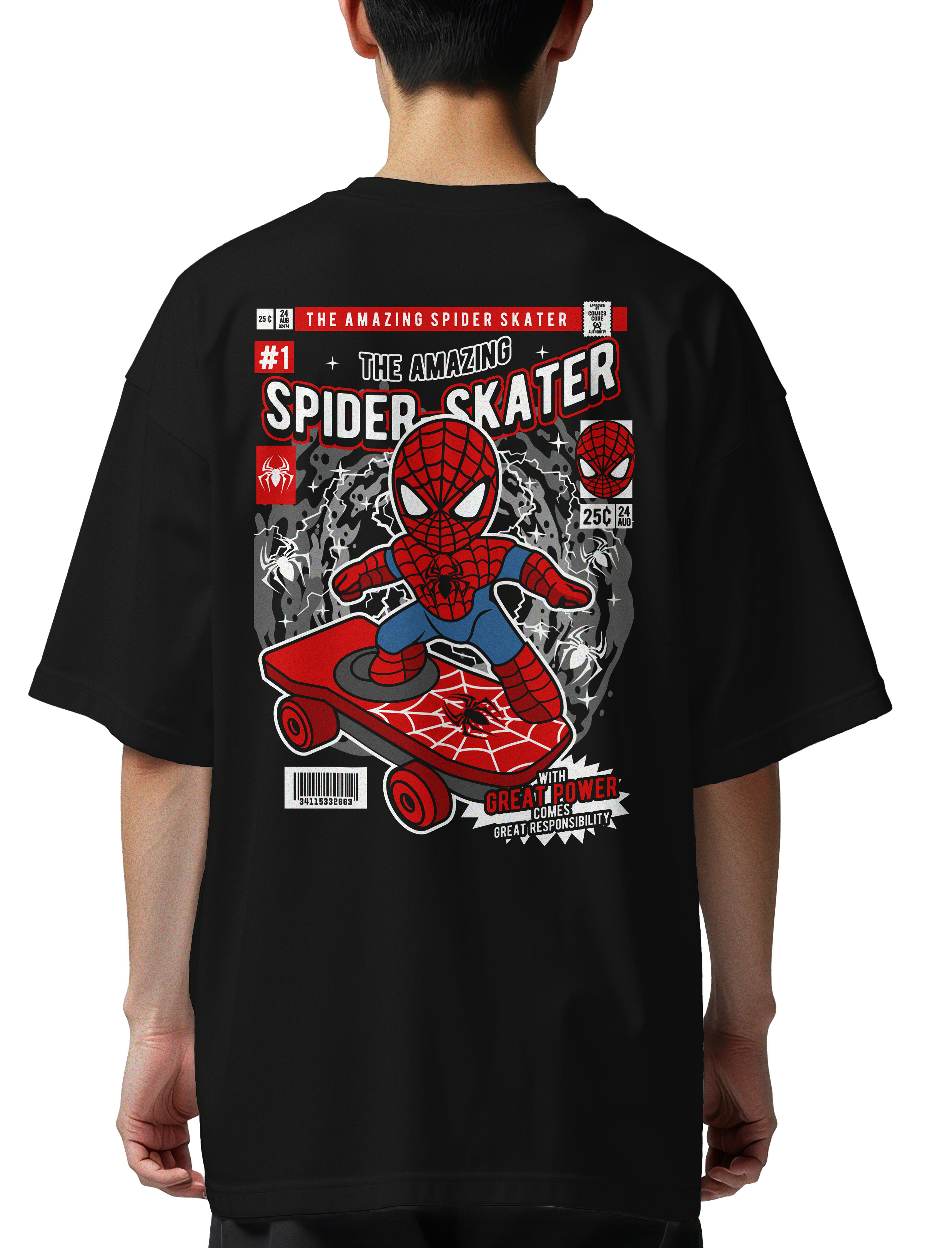 Oversized T-Shirt Spiderman Skateboard Pop Culture Black