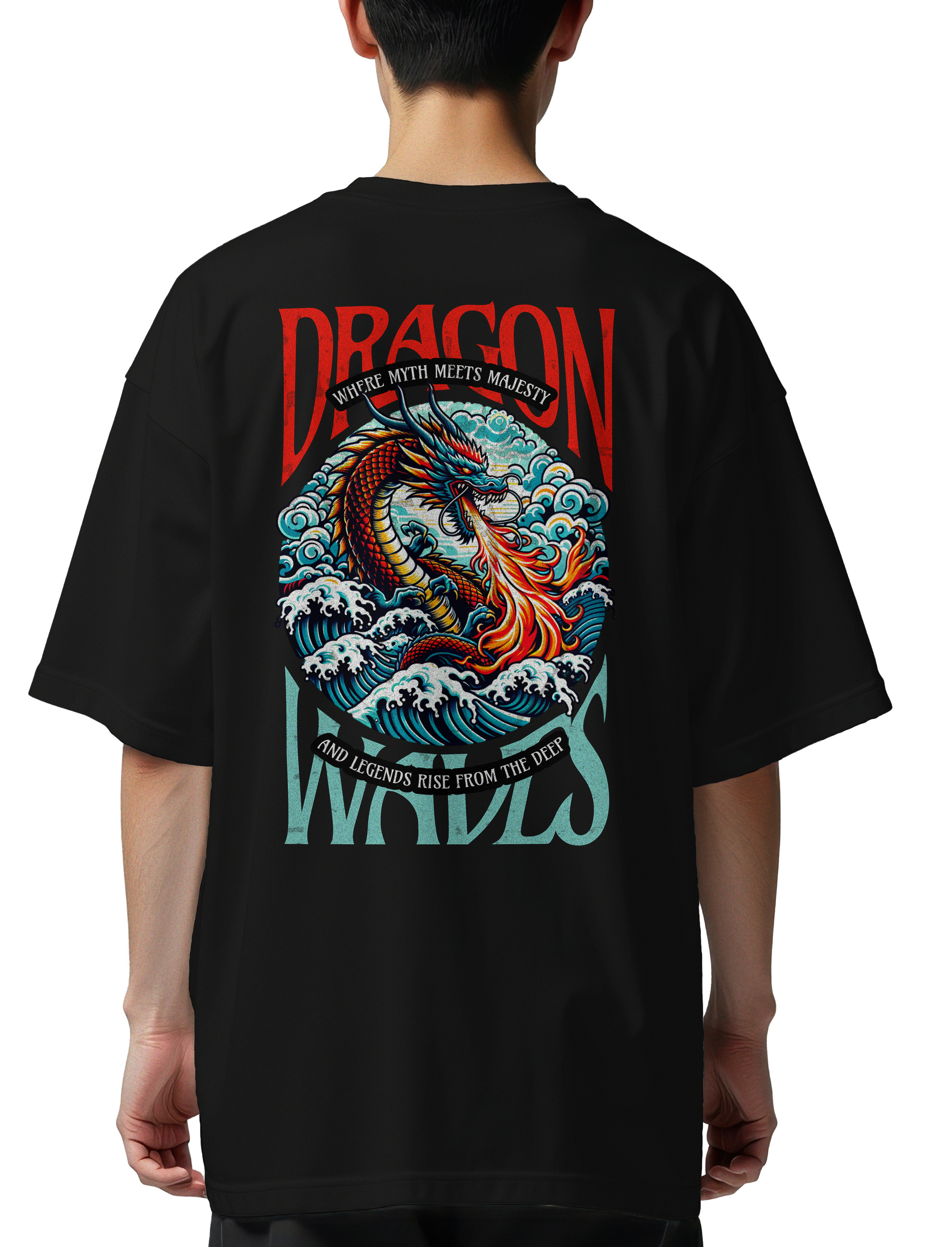 Oversized T-Shirt Dragon Waves Pop Culture Black