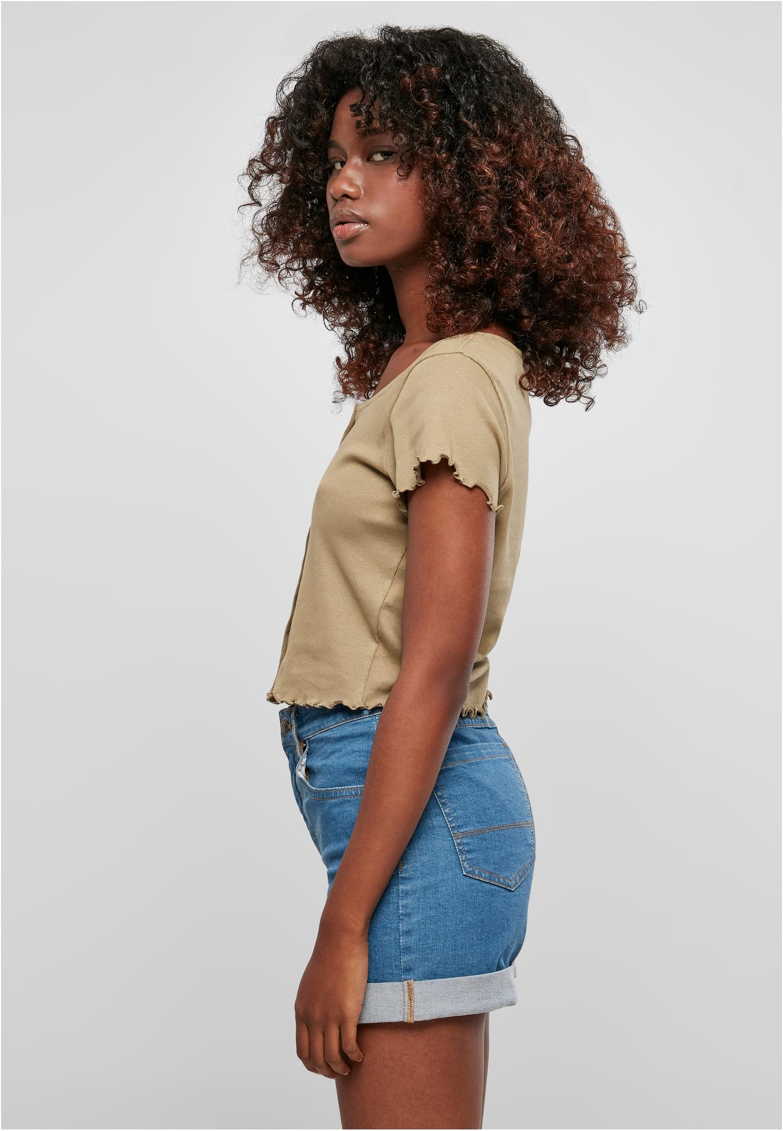Ladies Cropped Button Up Rib Tee Urban Classics TB4103-00472 khaki