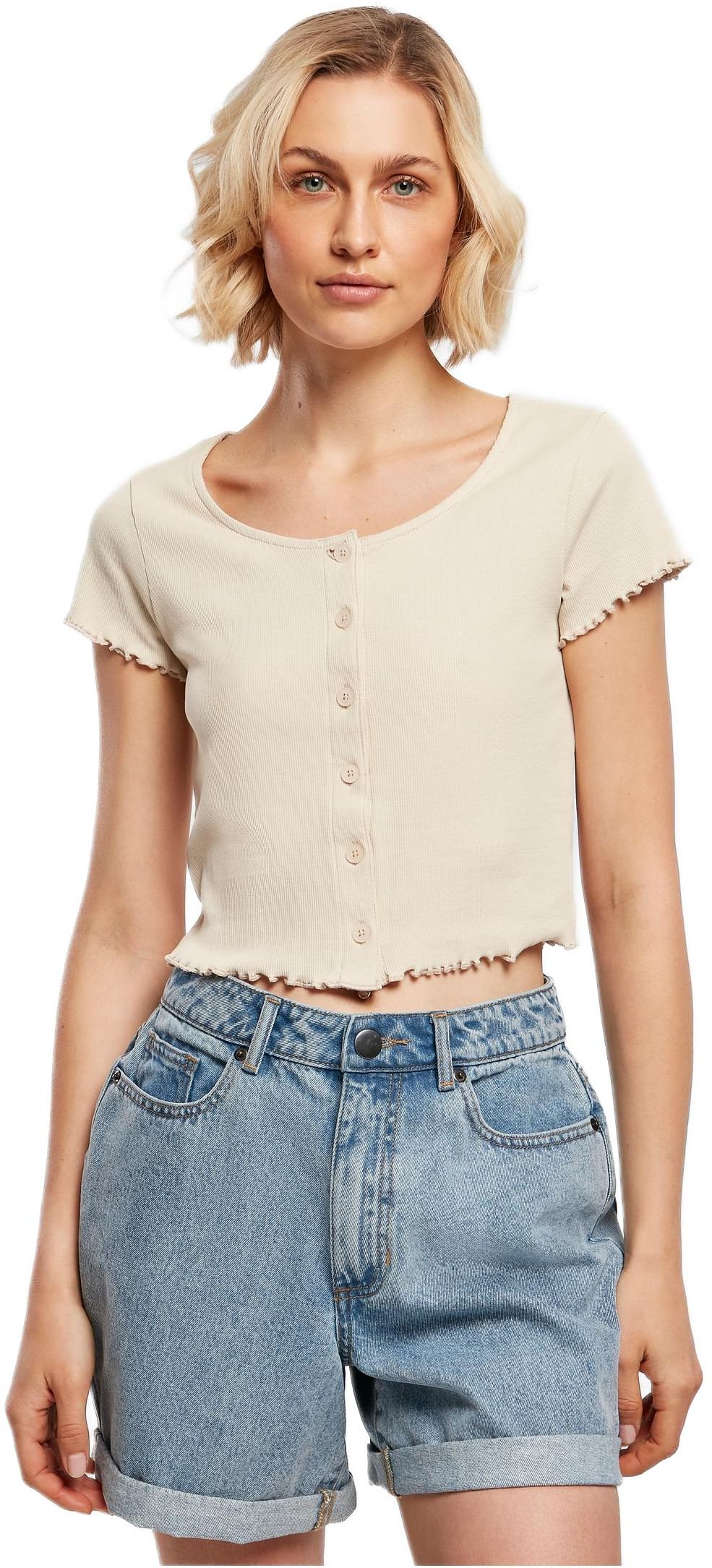 Ladies Cropped Button Up Rib Tee Urban Classics TB4103-03680 softseagrass