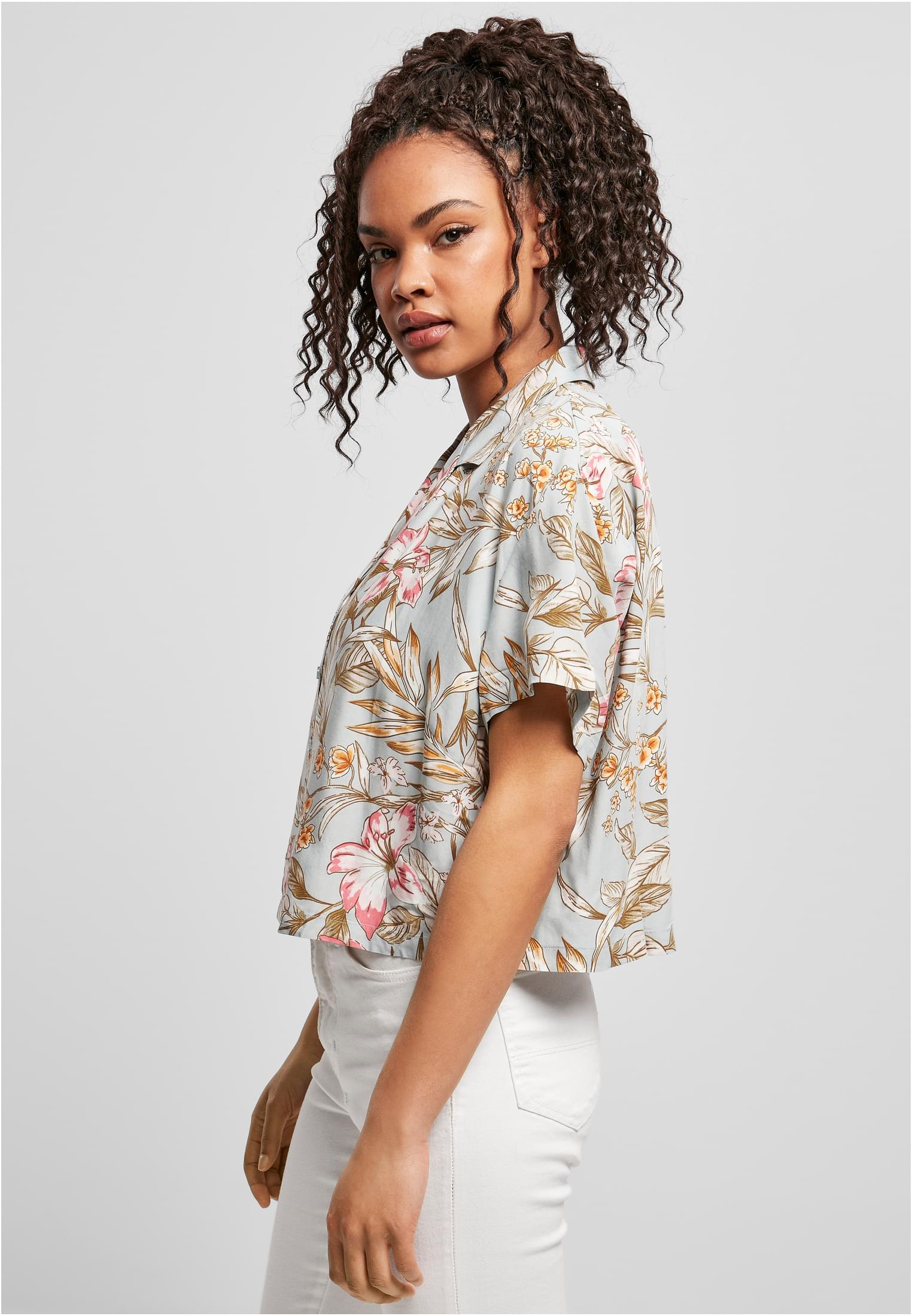 Ladies Viscose Resort Shirt Urban Classics TB4365-03149 lightblue hibiscus