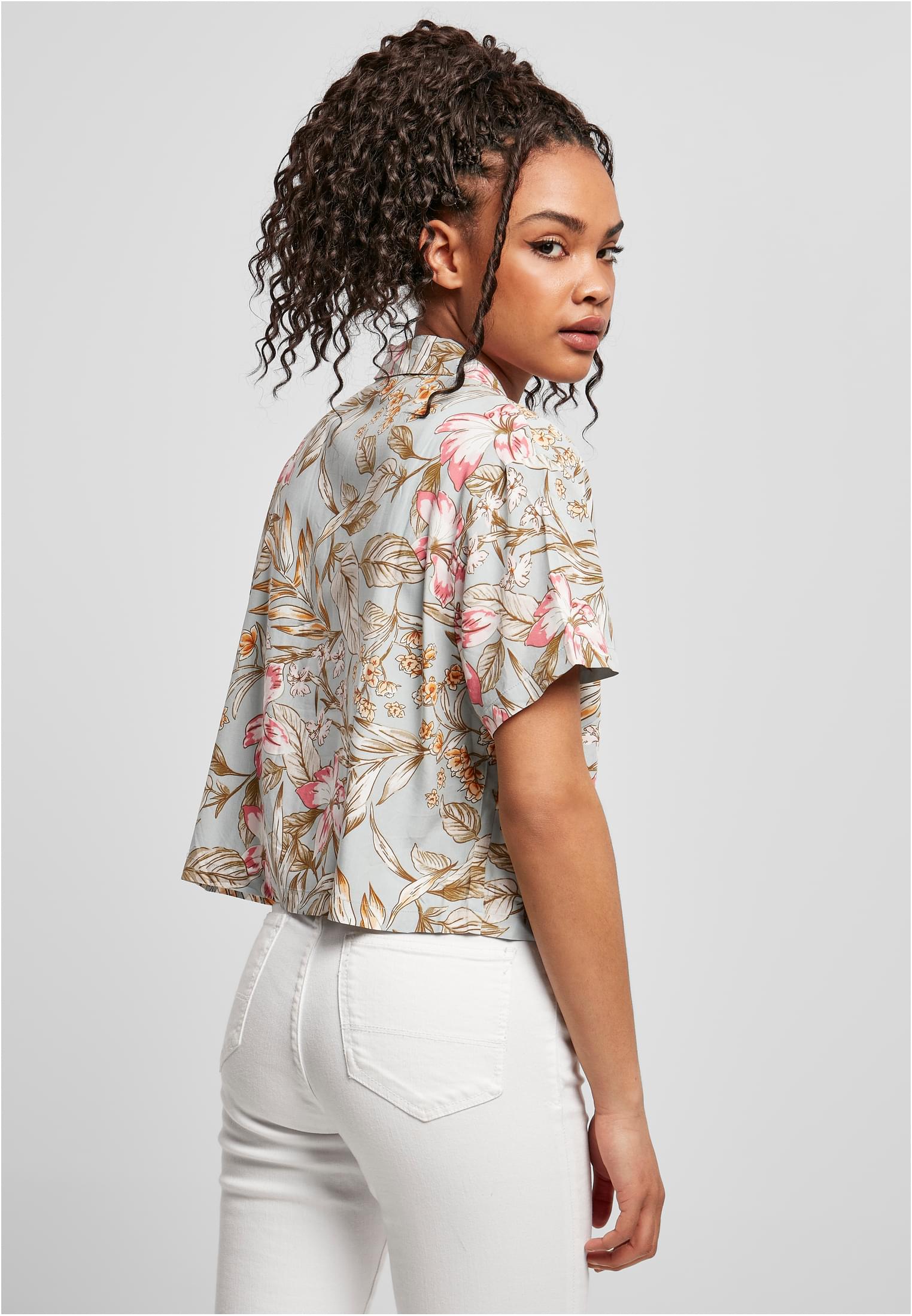 Ladies Viscose Resort Shirt Urban Classics TB4365-03149 lightblue hibiscus