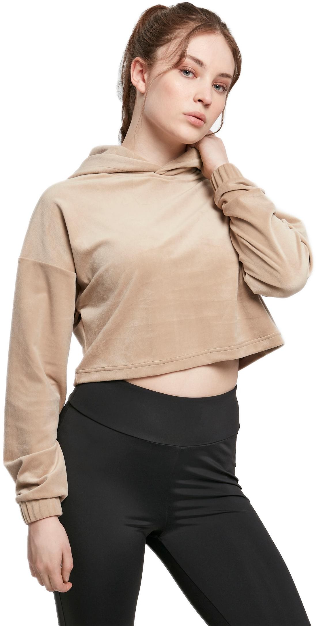 Ladies Cropped Velvet Oversized Hoody Urban Classics TB4525-03257 softtaupe