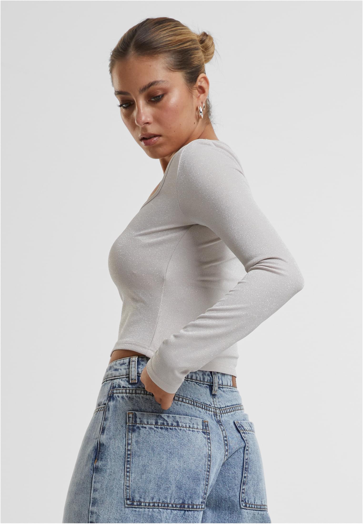 Ladies Glitter Square Neck Longsleeve Urban Classics TB6996-02903 whitesand